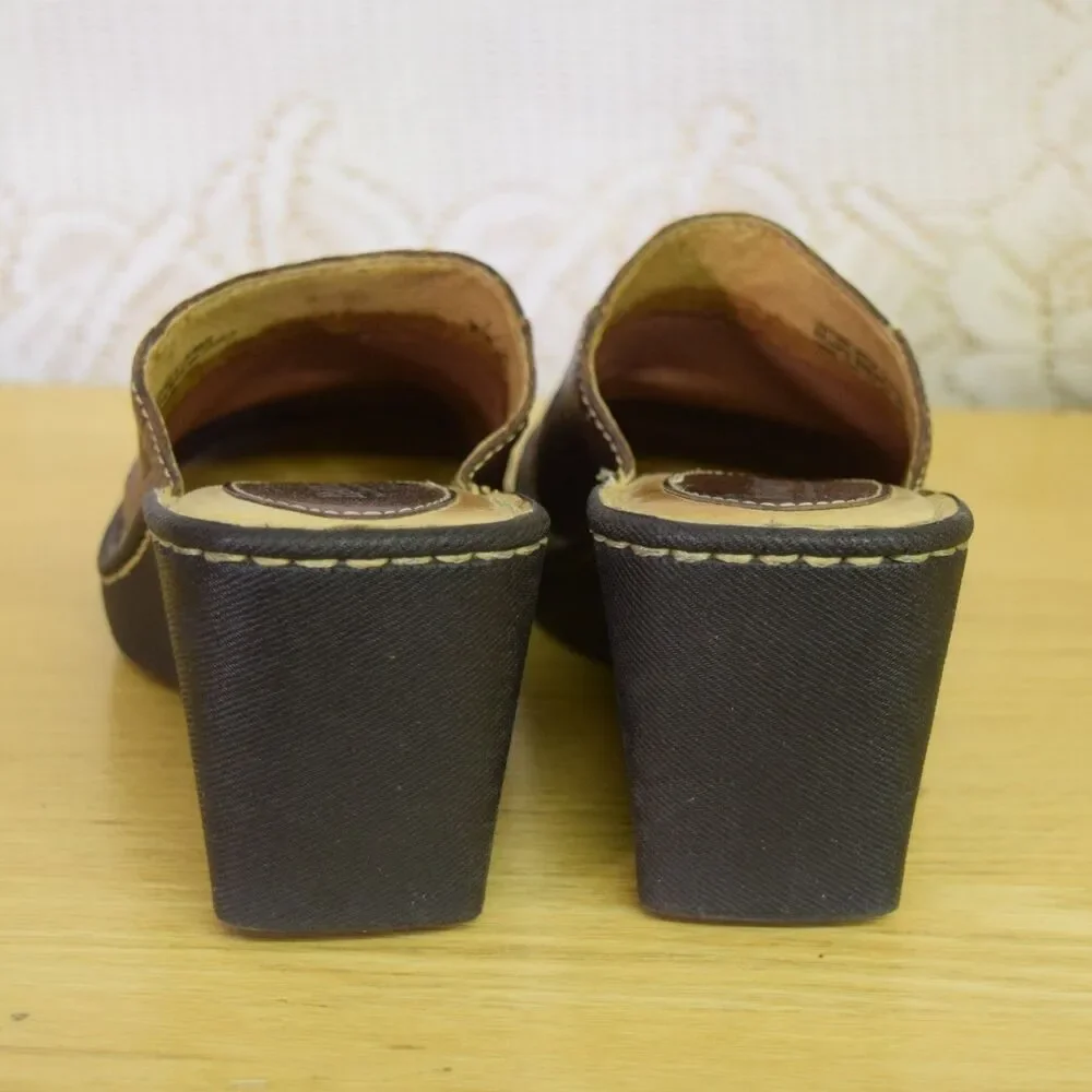 BORN Womens Size 7 Leather Chunky Square Heel Slip On Clogs Brown Y2K Mules